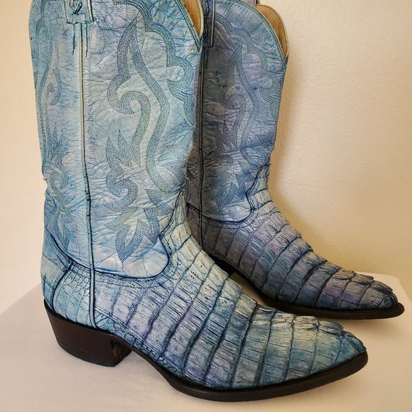 Hand Crafted Shoes - Crocodile alligator 10 1/2 painted blue purple ivory western cowboy boots 11